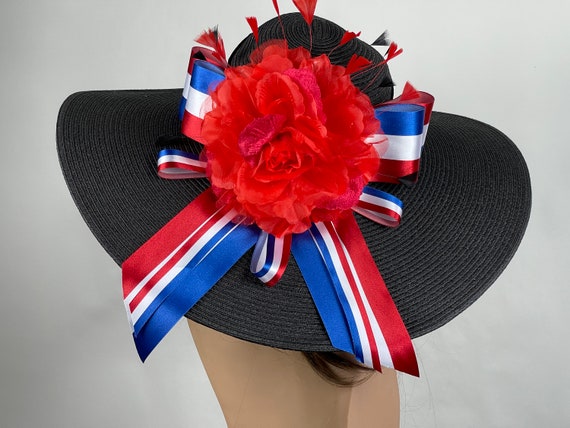 Handmade Kentucky Derby Custom Floral Black & Red Straw Big Brim Hat Black - Red Rose Derby Hat, Large Brim, Black - White Stripe  main image 4