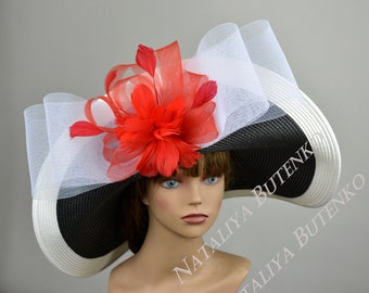 SALE Woman Black White Red Strips  Church Wedding  Head Piece Kentucky Derby Hat Bridal Coctail Hat Couture Horse Racing Party Wide Brim