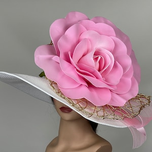 White Wide Brim Hat: Pink Rose, Kentucky Derby, Bridal