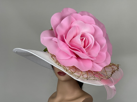 Sophisticated Pink Wide-Brimmed Hat Light Pink & Ivory Wide-Brim Hat for Derby, Oaks & Easter  main image 4