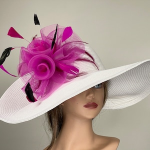 White Pink Church Wedding Head Piece Kentucky Derby Coctail Bridal Woman Hat Summer Hat Wide Brim image 1