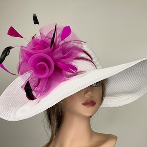 Pièce de tête de mariage église rose blanc Kentucky Derby cocktail mariée chapeau femme chapeau d'été à bord large image 1