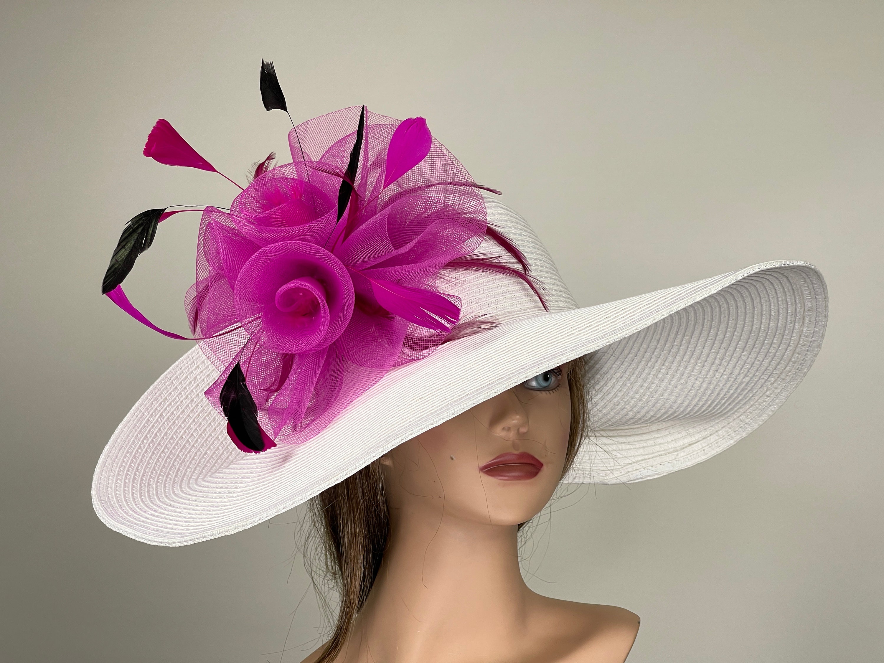 Cappelli Straworld Wide Brim Floral White Pink Derby Easter Wedding Church Hat Floral Derby Hat: White Flower Tea Party Hat, Bride Photo  main image 3