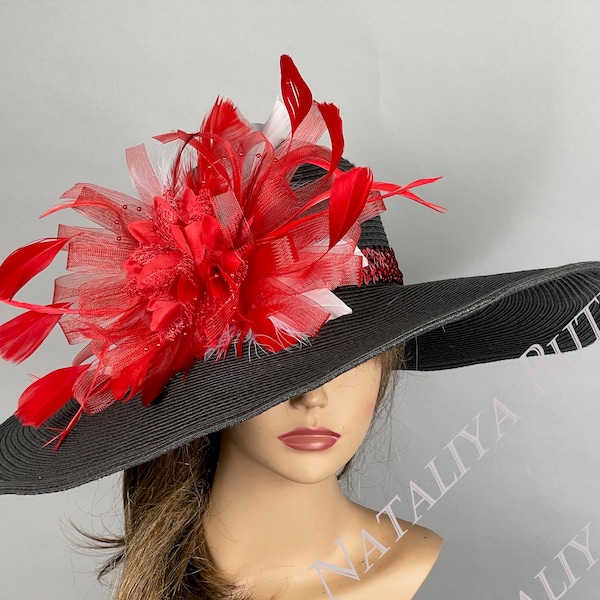 SALE Black Red Church Wedding Head Piece Kentucky Derby Bride Coctail Hat Couture Woman Hat Summer Hat Horse Racing Party Wide Brim