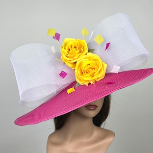 Hot Pink Kentucky Derby Hat: Wide Brim Wedding Hat with Yellow Roses