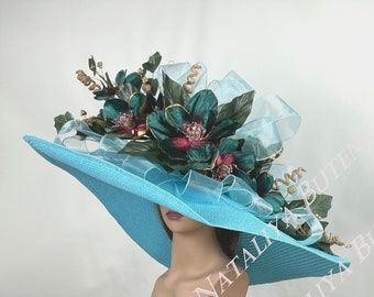 SALE Huge Over Size 10" Brim Blue Wedding  Head Piece Kentucky Derby  Bride Coctail Hat Couture Events Horse Racing Big Hat Wide Brim