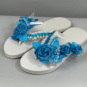 Wedding Flip Flops: Bridal Beach Shoes with Blue Flowers
