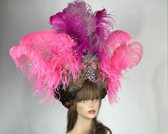 Woman Pink Purple Ostrich Headband Wedding  Kentucky Derby Hat Church Hat Pink Coctail Hat Couture Fascinator Bridal Hat Feathers Parade