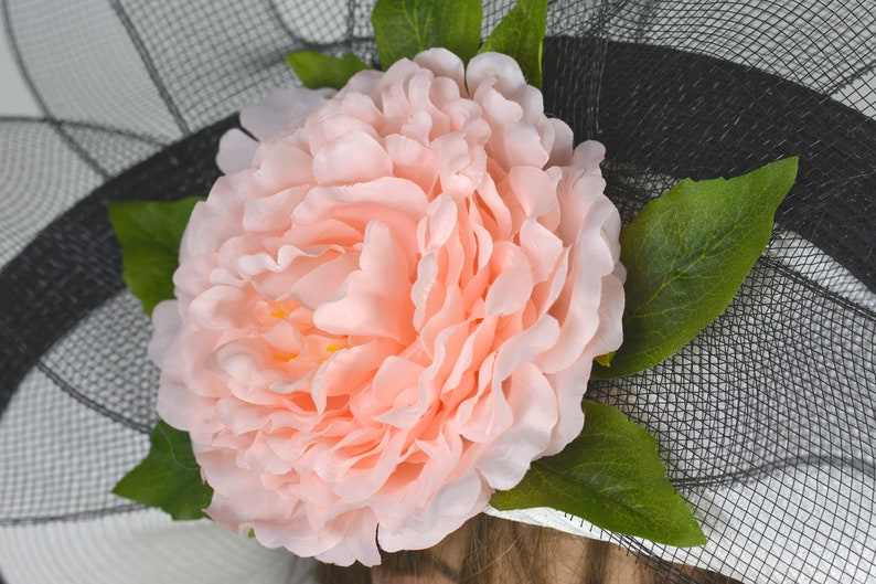 Woman White Black Strips Hat Pink Flower Church Wedding Hat Kentucky Derby Hat Bridal Coctail Hat Couture Fascinator Bridal Hat