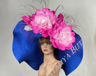 SALE Huge Over Size Royal Blue  Church Wedding Hat Head Piece Kentucky Derby Hat Satin Bride Coctail Hat Couture Party Events