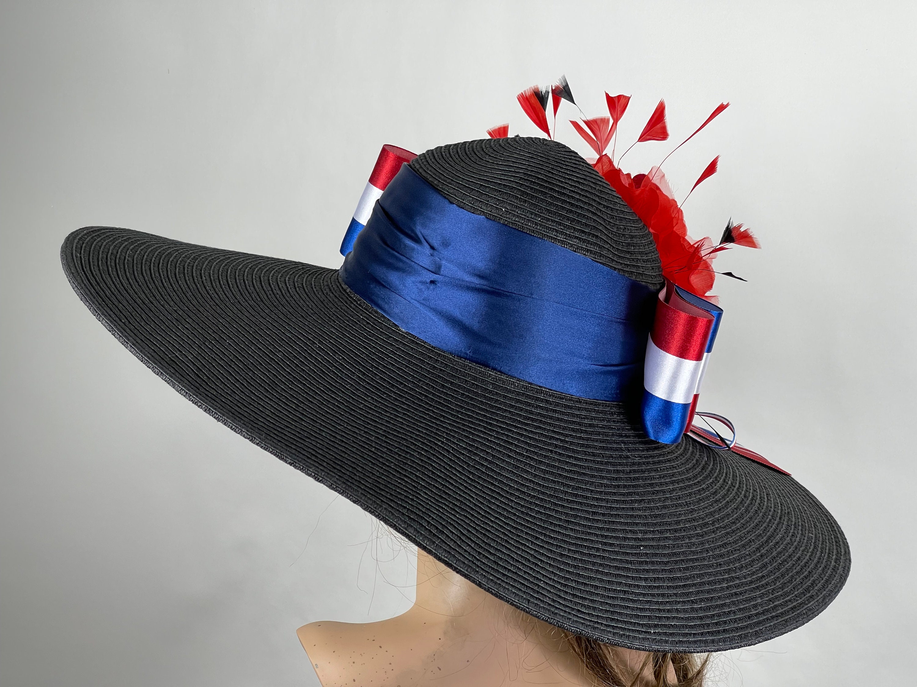 Wide Brim Black Kentucky Derby Hat: Red Flower, American 
