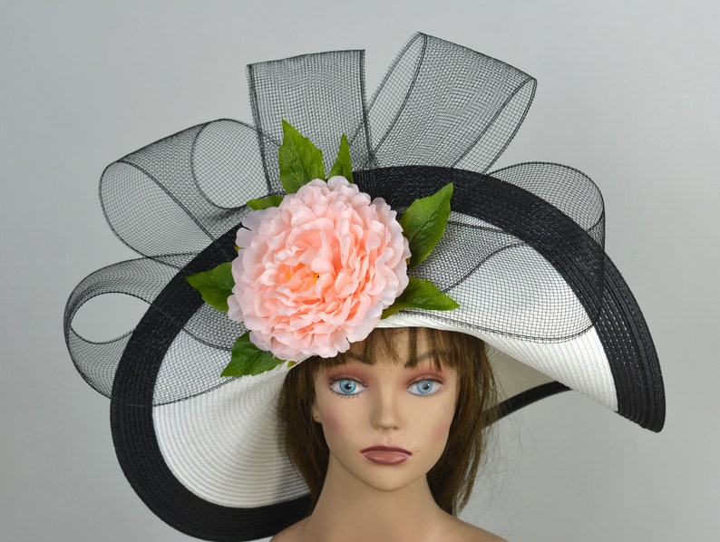 Woman White Black Strips Hat Pink Flower Church Wedding Hat Kentucky Derby Hat Bridal Coctail Hat Couture Fascinator Bridal Hat