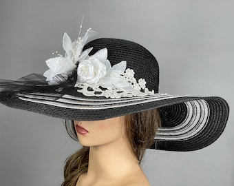 SALE Black Church Wedding Vintage Style Kentucky Derby Black Bride Coctail Hat Couture Wide Brim