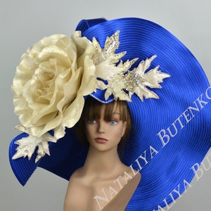 SALE Huge Over Size Royal Blue  Church Wedding Hat Head Piece Kentucky Derby Hat Satin Bridal Coctail Hat Couture Bridal Hat