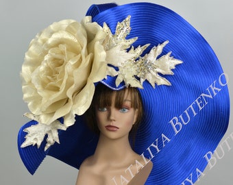 SALE Huge Over Size Royal Blue  Church Wedding Hat Head Piece Kentucky Derby Hat Satin Bridal Coctail Hat Couture Bridal Hat