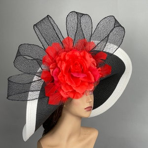 SALE Woman Black White Red Strips Church Wedding  Kentucky Derby Hat Bridal Coctail Hat Couture Tea Party Horse Racing