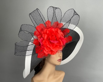 SALE Woman Black White Red Strips Church Wedding  Kentucky Derby Hat Bridal Coctail Hat Couture Tea Party Horse Racing