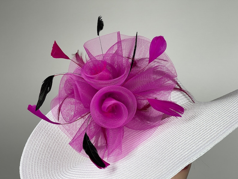 White Pink Church Wedding Head Piece Kentucky Derby Coctail Bridal Woman Hat Summer Hat Wide Brim image 2