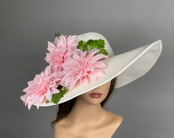 SALE Off White Pink Church Wedding  Head Piece Kentucky Derby  White Bridal Coctail Hat Couture Horse Racing Party Wide Brim