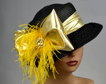 VENTE Or Noir Kentucky Derby Or Or Cocktail de mariée Couture Masque Party Wide Brim