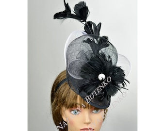 SALE Black White Sinamay Woman Wedding  Kentucky Derby  Bridal Coctail Hat Couture Bridal Hat Party Headband