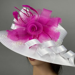 SALE White Pink Church Wedding  Head Piece Kentucky Derby Satin Coctail Hat Couture Bride Hat Wide Brim