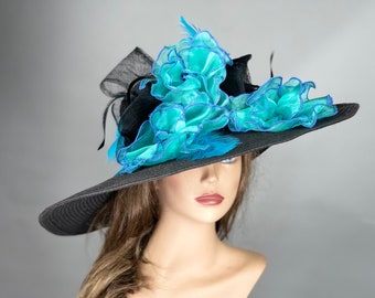 SALE Black Turquoise Church Wedding  Head Piece Kentucky Derby Bridal Coctail Hat Couture Woman Hat Summer Hat Horse Racing Party Wide Brim