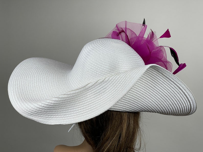 White Pink Church Wedding Head Piece Kentucky Derby Coctail Bridal Woman Hat Summer Hat Wide Brim image 5