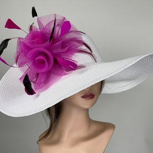 White Pink Church Wedding Head Piece Kentucky Derby Coctail Bridal Woman Hat Summer Hat Wide Brim image 3