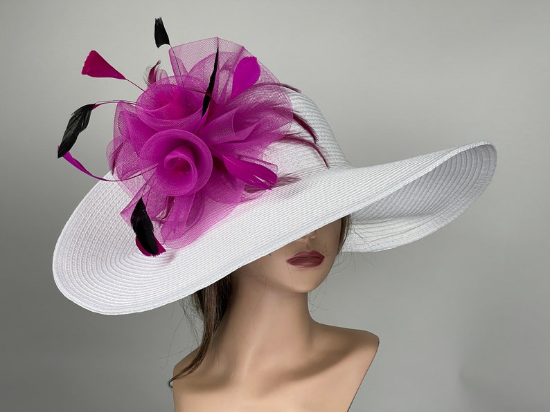 Pièce de tête de mariage église rose blanc Kentucky Derby cocktail mariée chapeau femme chapeau d'été à bord large image 3