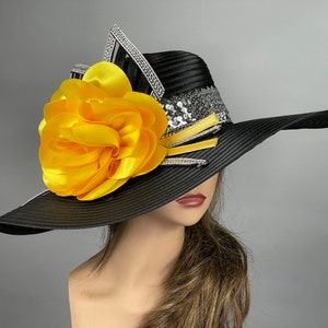 SALE Black Yellow Wedding Hat Head Piece Church Kentucky Derby Hat Satin Bridal Coctail Hat Couture Hors Racing Party Wide Brim