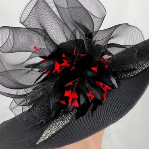 SALE Huge Over Size 10 Brim Black Red Feathers Church Wedding Kentucky ...