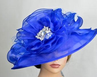 SALE Woman Blue Hat Church Wedding Hat Head Piece Kentucky Derby Hat Bridal Coctail Hat Couture Horse Racing Party Wide Brim