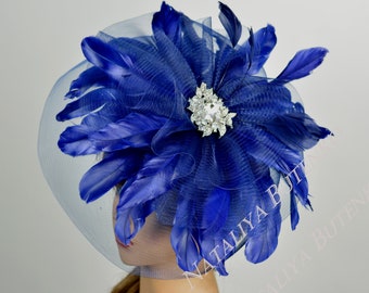 SALE Navy Blue Feather Fascinator Headband Woman  Kentucky Derby  Bridal Coctail Hat Couture Bridal Hat Party Headband