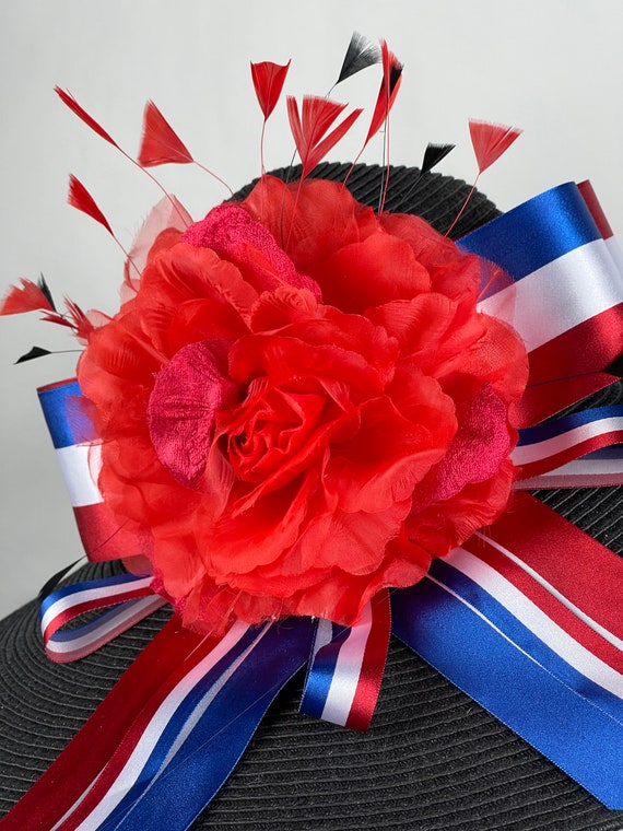 Wide Brim Black Kentucky Derby Hat: Red Flower, American  display picture 2
