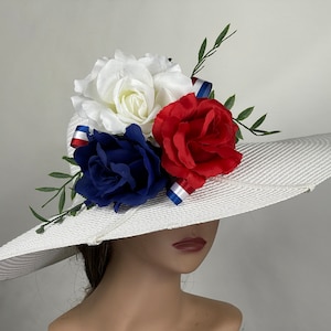 SALE Off White Church Wedding American Flag Kentucky Derby  White Bridal Coctail Hat Couture Horse Racing Wide Brim
