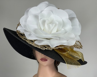 SALE Black White Gold Church Wedding Head Piece Kentucky Derby Bride Coctail Hat Couture Woman Hat Summer Hat Horse Racing Party Wide Brim