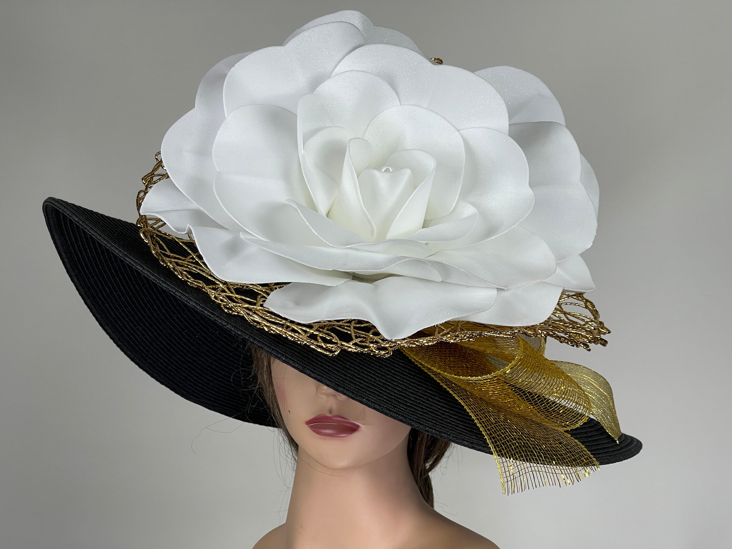 White Wide-Brim Hat with Black Flower Accent! Kentucky Derby Hat! SALE Black & White Kentucky Derby Hat: Floral Wide Brim Tea  main image 4