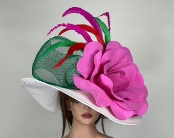 Blanco rosa verde iglesia sombrero de boda plumas pieza de cabeza Kentucky Derby cóctel novia mujer sombrero de verano ala ancha