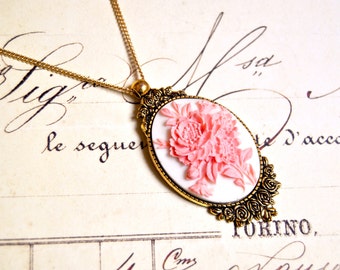 Vintage inspired cabochon long necklace pink peony - cabochon necklace, vintage necklace, cameo necklace