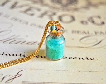 Pretty green sparkles bottle necklace, glass bottle necklace, vial necklace, mint necklace - bottle pendant, bottle necklace, sparkles