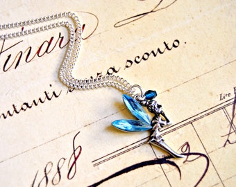 Collier pendentif fée bleue, collier fantasy, collier contes de fées, collier fée clochette, collier pendentif créatures féeriques