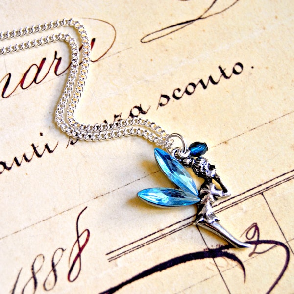 Collier pendentif fée bleue, collier fantasy, collier contes de fées, collier fée clochette, collier pendentif créatures féeriques