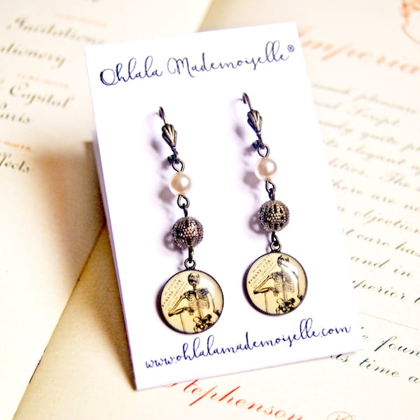 Boucles d'oreilles vintages inspiré d'Halloween - Cabochon squelette