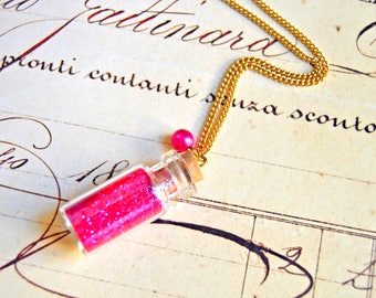 Sautoir pendentif bouteille remplie paillettes roses, collier bouteille, sautoir bouteille, pendentif fiole