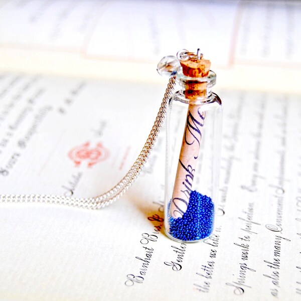 Alice in wonderland message in a bottle "Drink Me" long necklace