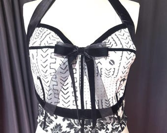 Mud Cloth and Cotton Corset Top - Black and White