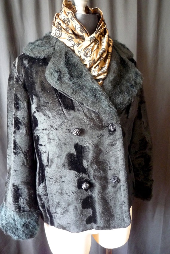Veste Courte Vintage Femme Fausse Fourrure Noire - Taille L - Occasion Très Bon état