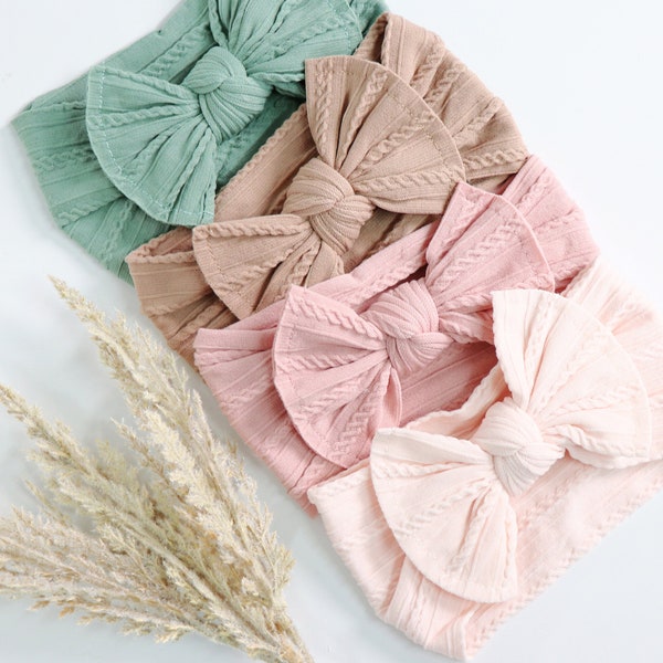 Bow baby headbands, Cable knit baby headbands, newborn baby headbands, baby turbans, baby girl bows, ribbed baby headbands