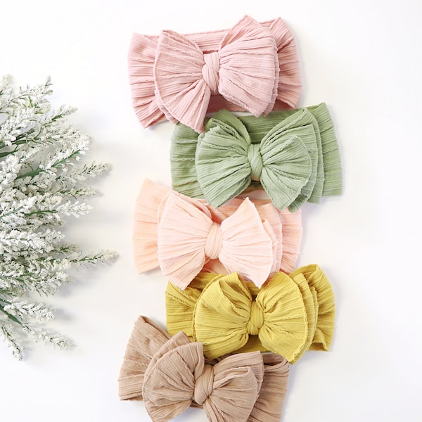 Spring baby bows, Big Bow Baby Headband, Baby girl bows, cable knit bow, newborn headbands, baby bows, stretchy baby headbands